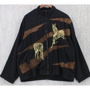 Vintage Monaliza Windbreaker Jacket Mens 2XL Black Full Zip Zebra Pattern 90s